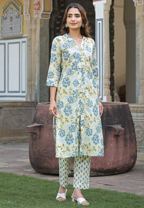 Digital Printed Pure Cotton Straight Kurta Set in Light Green