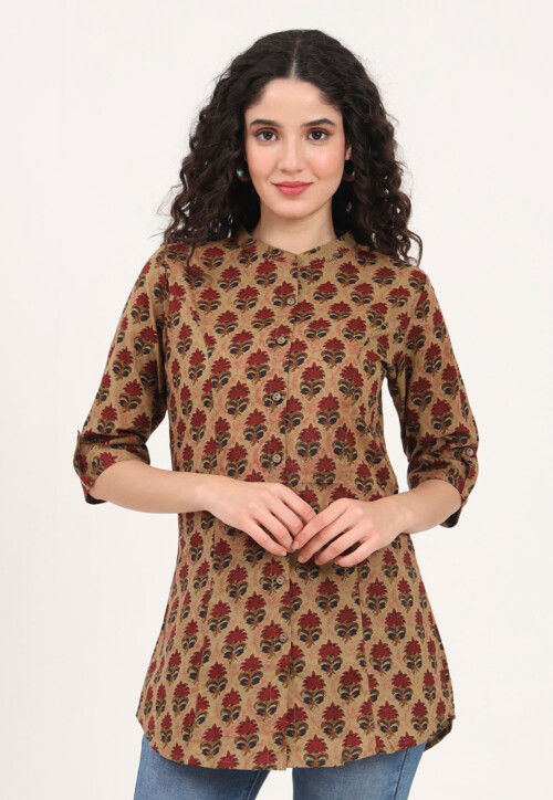 Digital Printed Pure Cotton Top in Light Brown