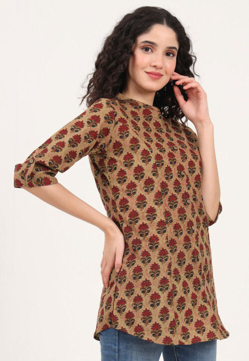 Digital Printed Pure Cotton Top in Light Brown