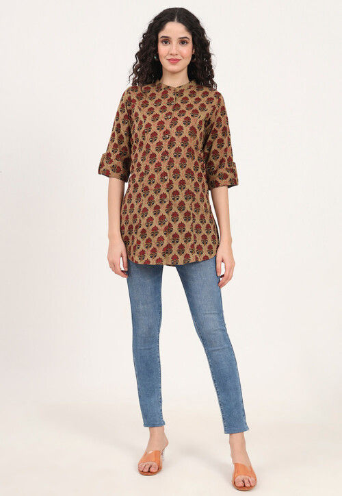 Digital Printed Pure Cotton Top in Light Brown