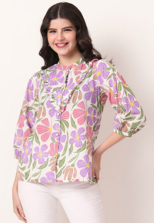 Digital Printed Pure Cotton Top in Off White and Purple