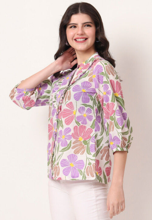 Digital Printed Pure Cotton Top in Off White and Purple