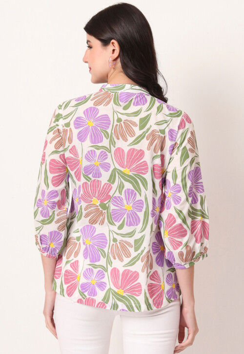 Digital Printed Pure Cotton Top in Off White and Purple