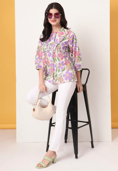 Digital Printed Pure Cotton Top in Off White and Purple