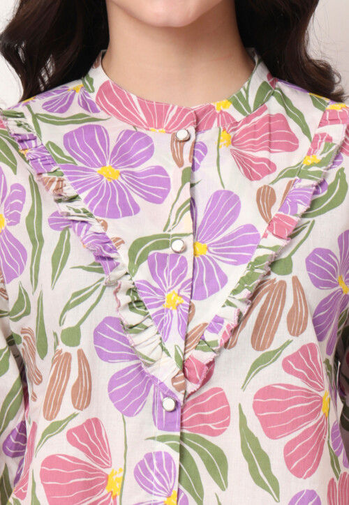 Digital Printed Pure Cotton Top in Off White and Purple