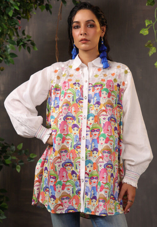 Digital Printed Pure Cotton Top in Off White
