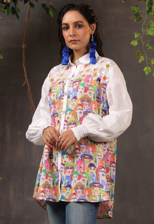 Digital Printed Pure Cotton Top in Off White