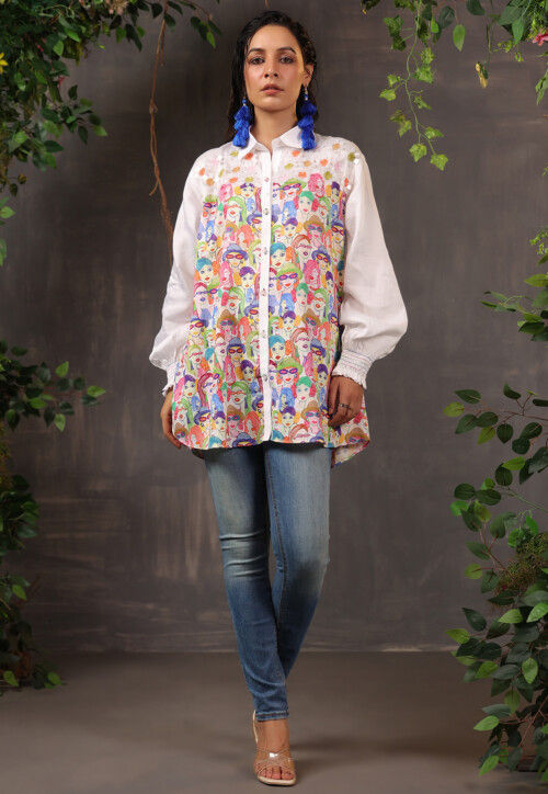 Digital Printed Pure Cotton Top in Off White