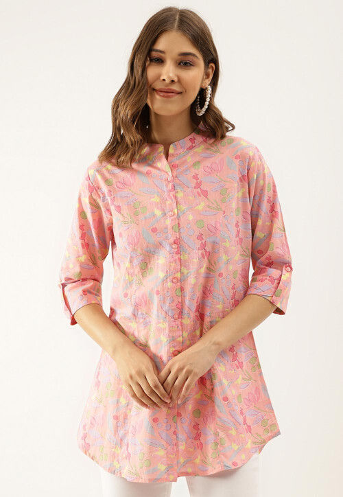 Digital Printed Pure Cotton Top in Peach