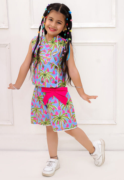 Digital Printed Pure Cotton Top Set in Blue