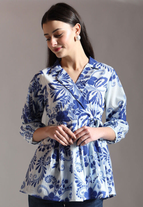Digital Printed Pure Cotton Wrap Top in White and Blue