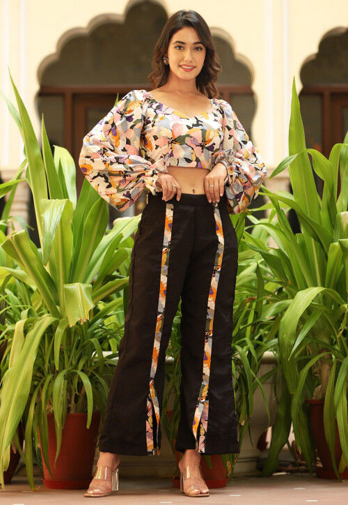Digital Printed Pure Crepe Crop Top Set in Multicolor