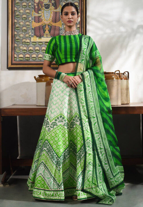 Digital Printed Pure Dupion Silk Lehenga in White and Light Green