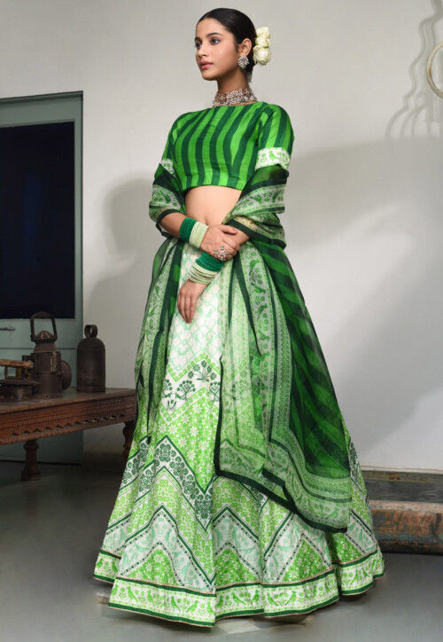 Digital Printed Pure Dupion Silk Lehenga in White and Light Green
