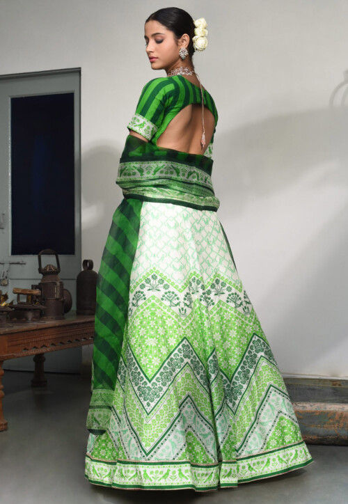 Digital Printed Pure Dupion Silk Lehenga in White and Light Green