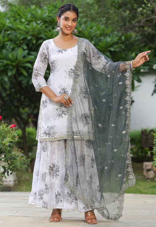 Digital Printed Pure Georgette Pakistani Suit in Off White