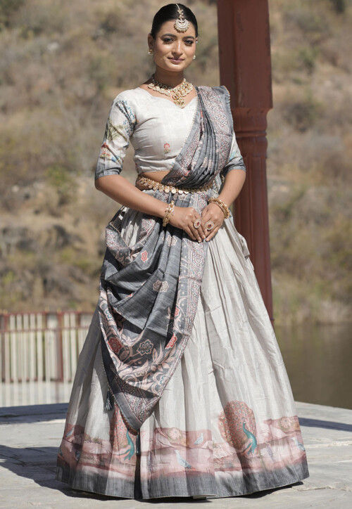 Digital Printed Pure Manipuri Silk Lehenga in Off White