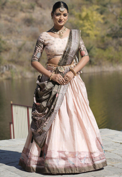 Digital Printed Pure Manipuri Silk Lehenga in Peach