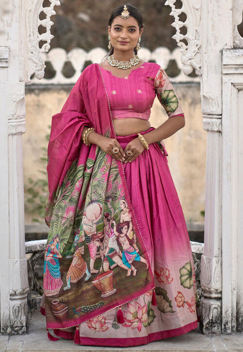Digital Printed Pure Manipuri Silk Lehenga in Pink