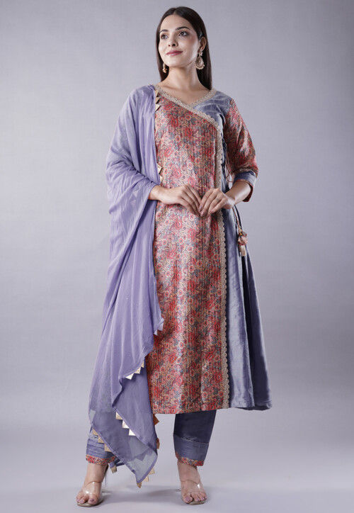 Digital Printed Raw Silk Aline Suit in Light Purple