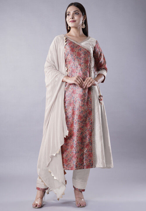 Digital Printed Raw Silk Aline Suit in White and Multicolor
