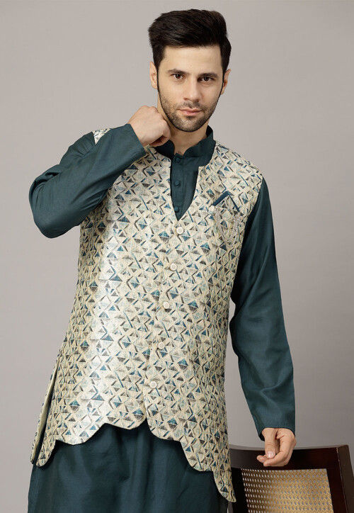Digital Printed Raw Silk Jacket in Beige