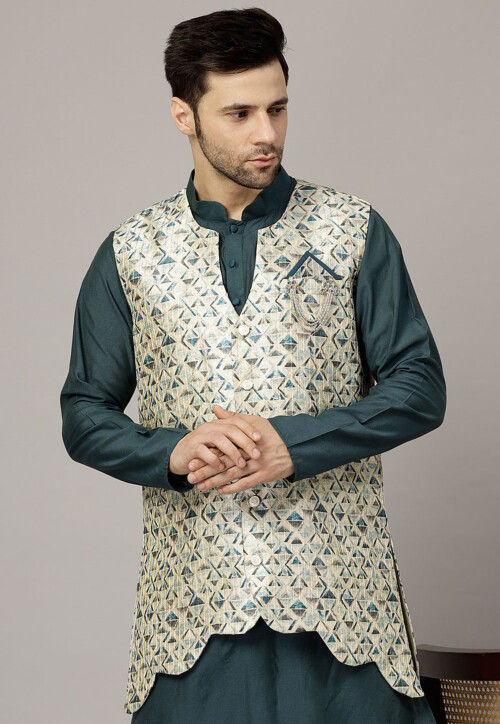 Digital Printed Raw Silk Jacket in Beige