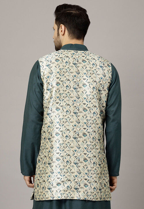 Digital Printed Raw Silk Jacket in Beige