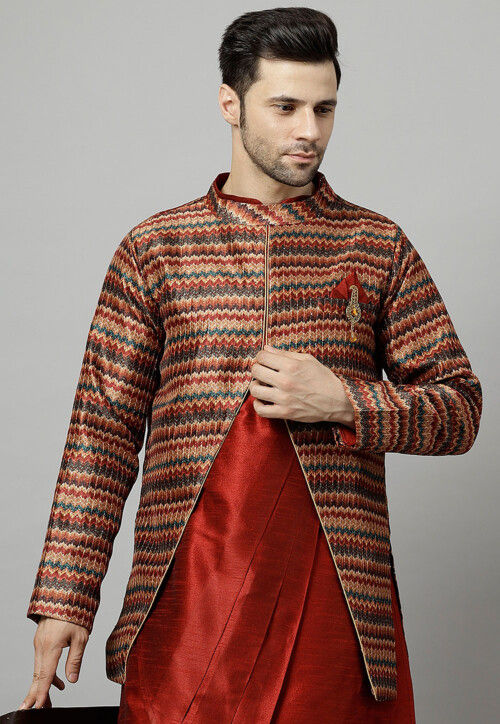 Digital Printed Raw Silk Jacket in Multicolor