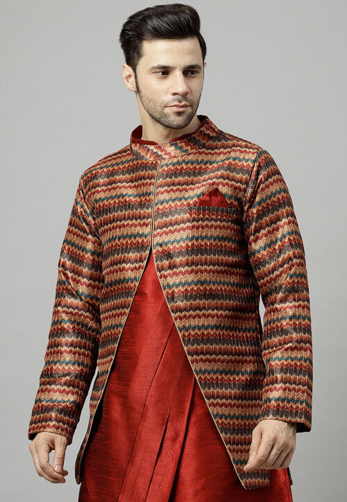 Digital Printed Raw Silk Jacket in Multicolor