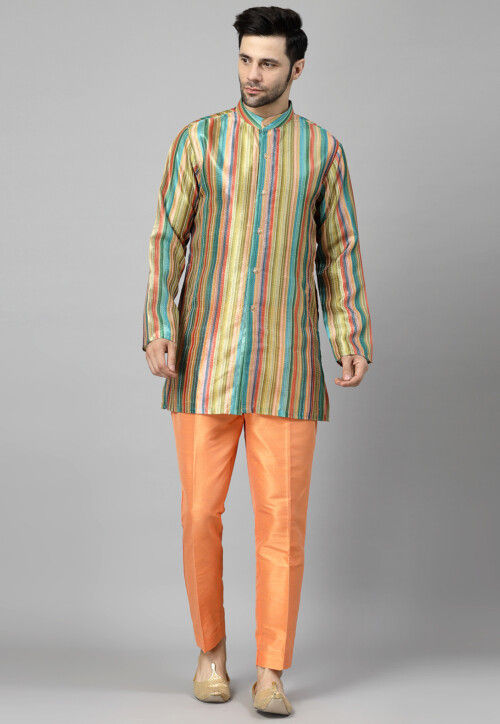Digital Printed Raw Silk Kurta Set in Multicolor