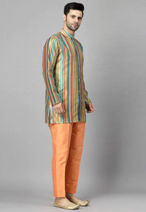 Digital Printed Raw Silk Kurta Set in Multicolor