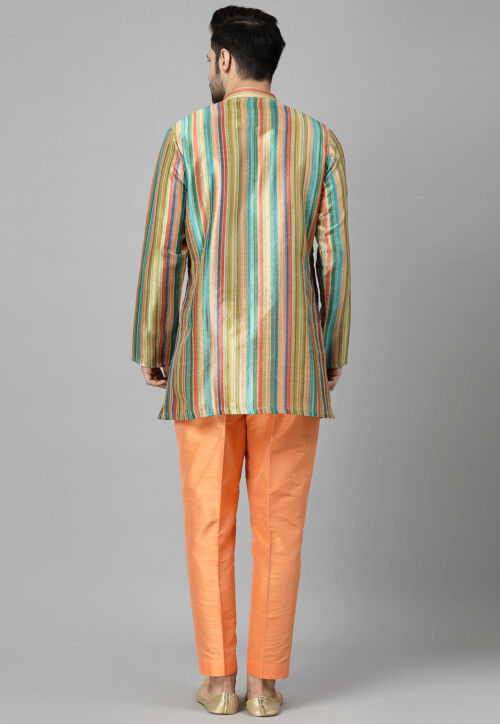 Digital Printed Raw Silk Kurta Set in Multicolor