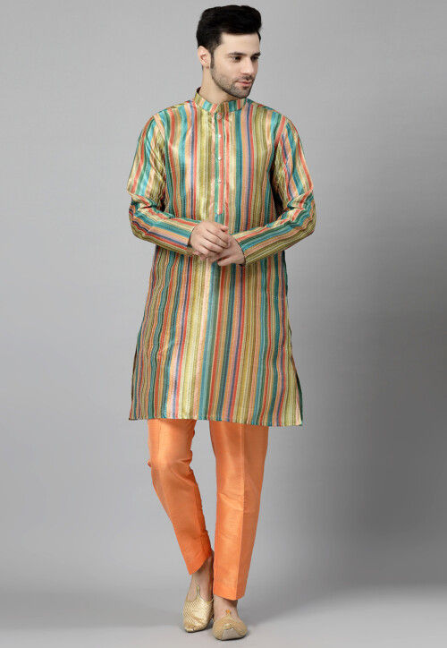Digital Printed Raw Silk Kurta Set in Multicolor