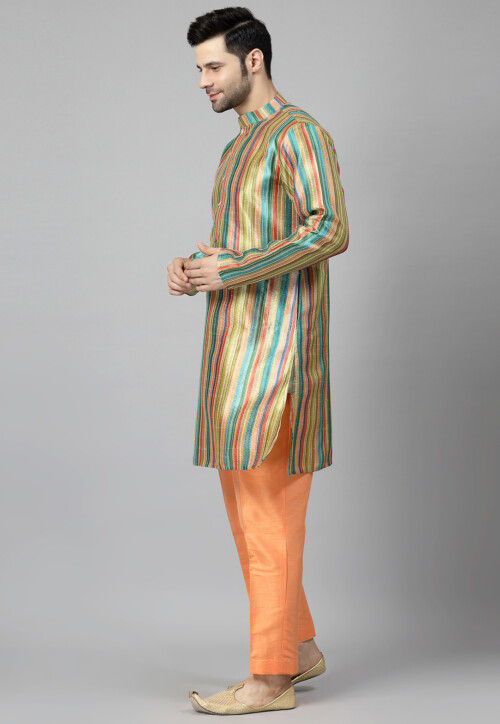 Digital Printed Raw Silk Kurta Set in Multicolor