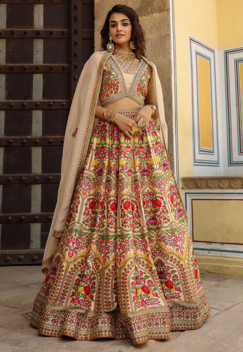Digital Printed Raw Silk Lehenga in Beige and Multicolor
