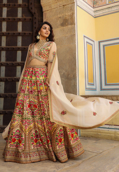 Digital Printed Raw Silk Lehenga in Beige and Multicolor