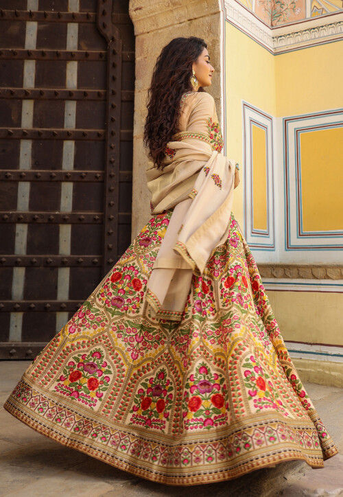 Digital Printed Raw Silk Lehenga in Beige and Multicolor