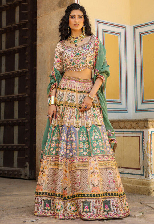 Digital Printed Raw Silk Lehenga in Light Beige