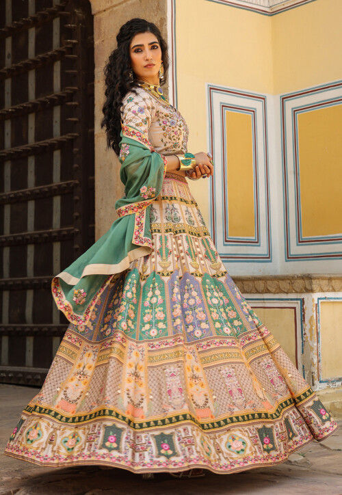 Digital Printed Raw Silk Lehenga in Light Beige