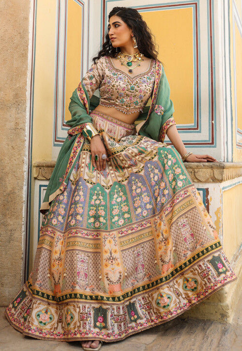 Digital Printed Raw Silk Lehenga in Light Beige