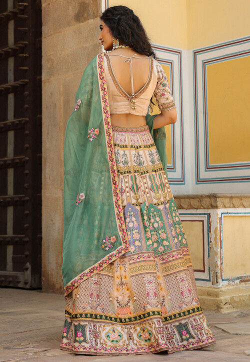 Digital Printed Raw Silk Lehenga in Light Beige