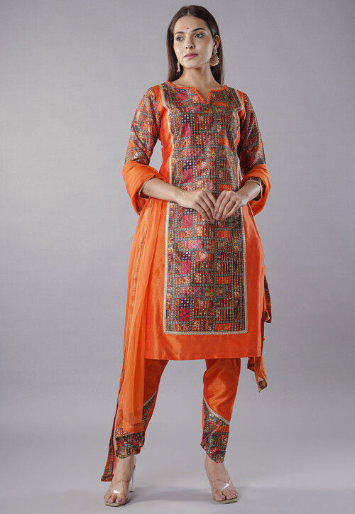 Digital Printed Raw Silk Punjabi Suit in Multicolor
