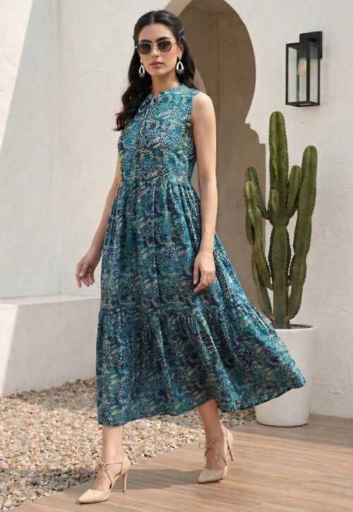 rayon a line dress Moomaya Sleeveless V Neck A-Line Printed Rayon Dress