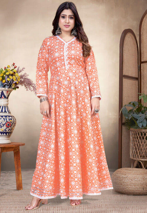 Digital Printed Rayon A Line Kurta in Peach