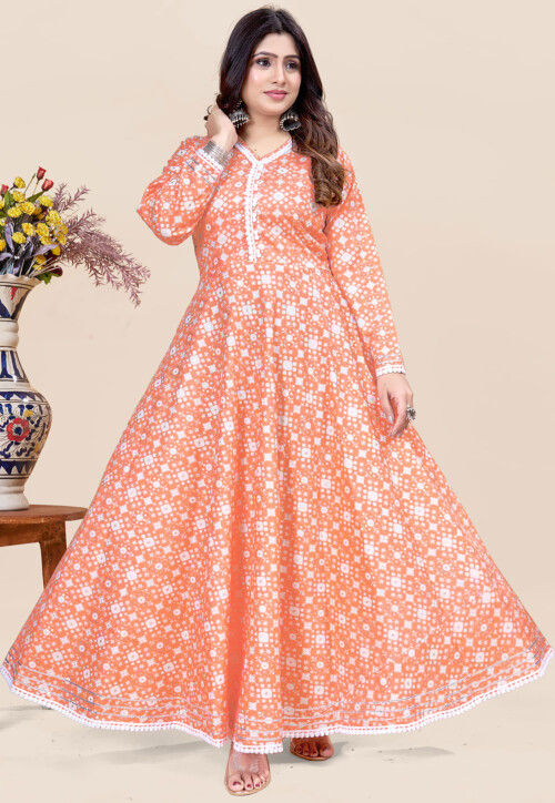 Digital Printed Rayon A Line Kurta in Peach