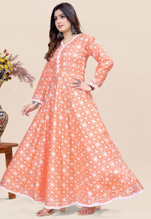 Digital Printed Rayon A Line Kurta in Peach
