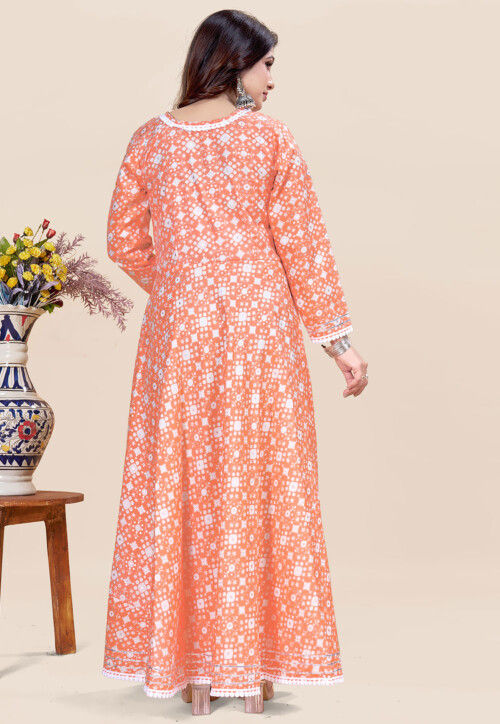 Digital Printed Rayon A Line Kurta in Peach