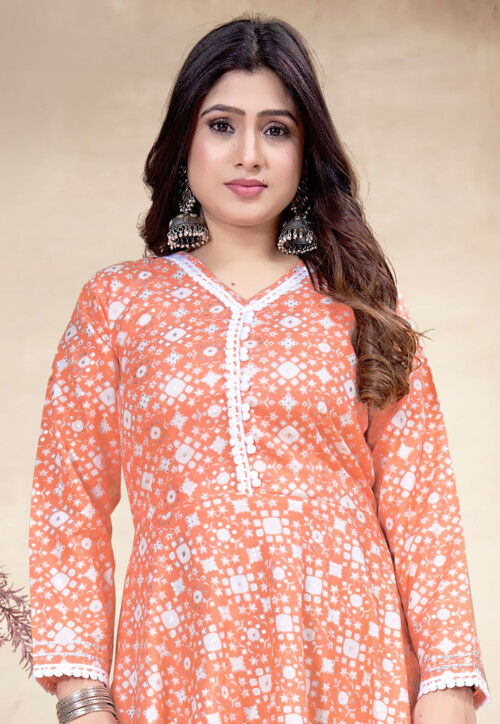 Digital Printed Rayon A Line Kurta in Peach