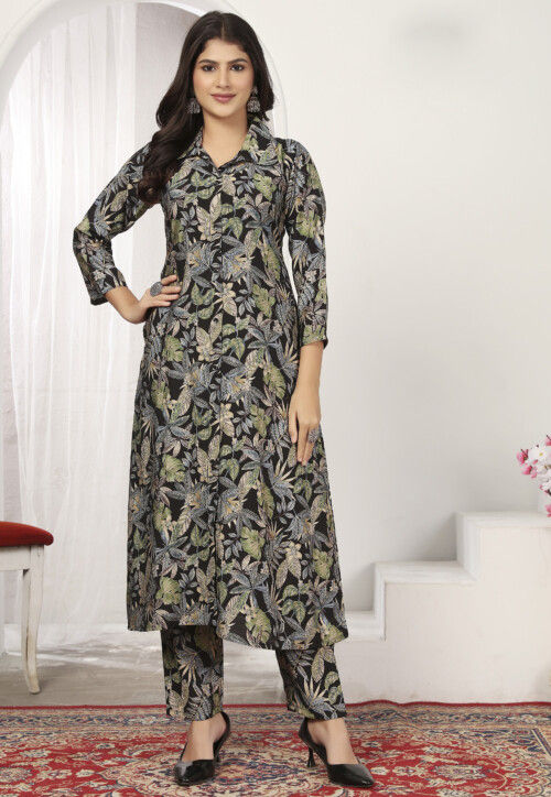 Digital Printed Rayon A Line Kurta Set in Black